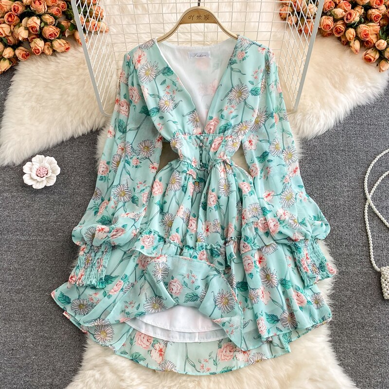 Women's Green/Purple/Beige Floral Chiffon Dress Bohemian V-Neck Lantern Long Sleeve High Waist Ruffle Vestidos Female New
