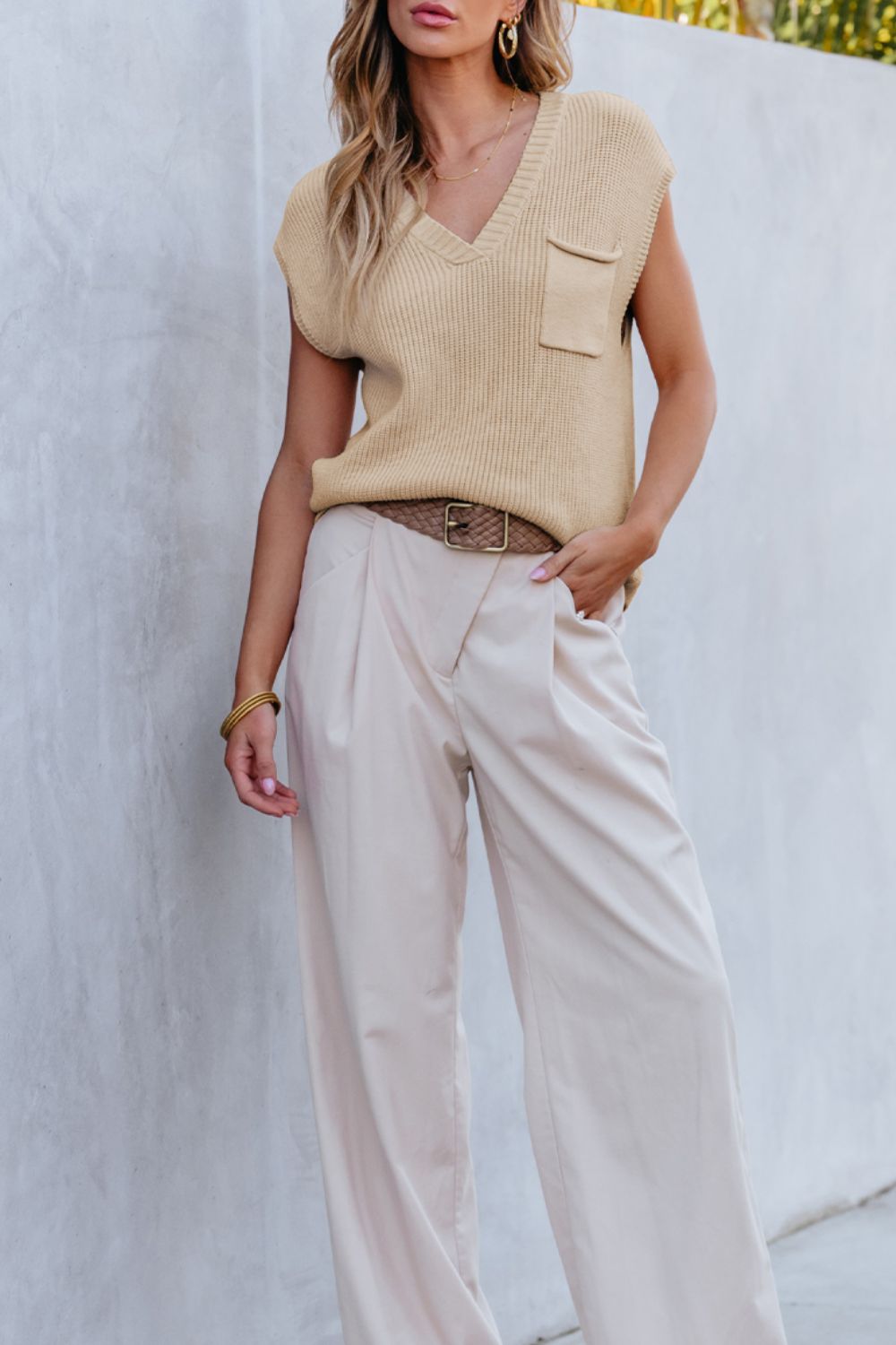 Maxct &Pocketed V-Neck Cap Sleeve Sweater