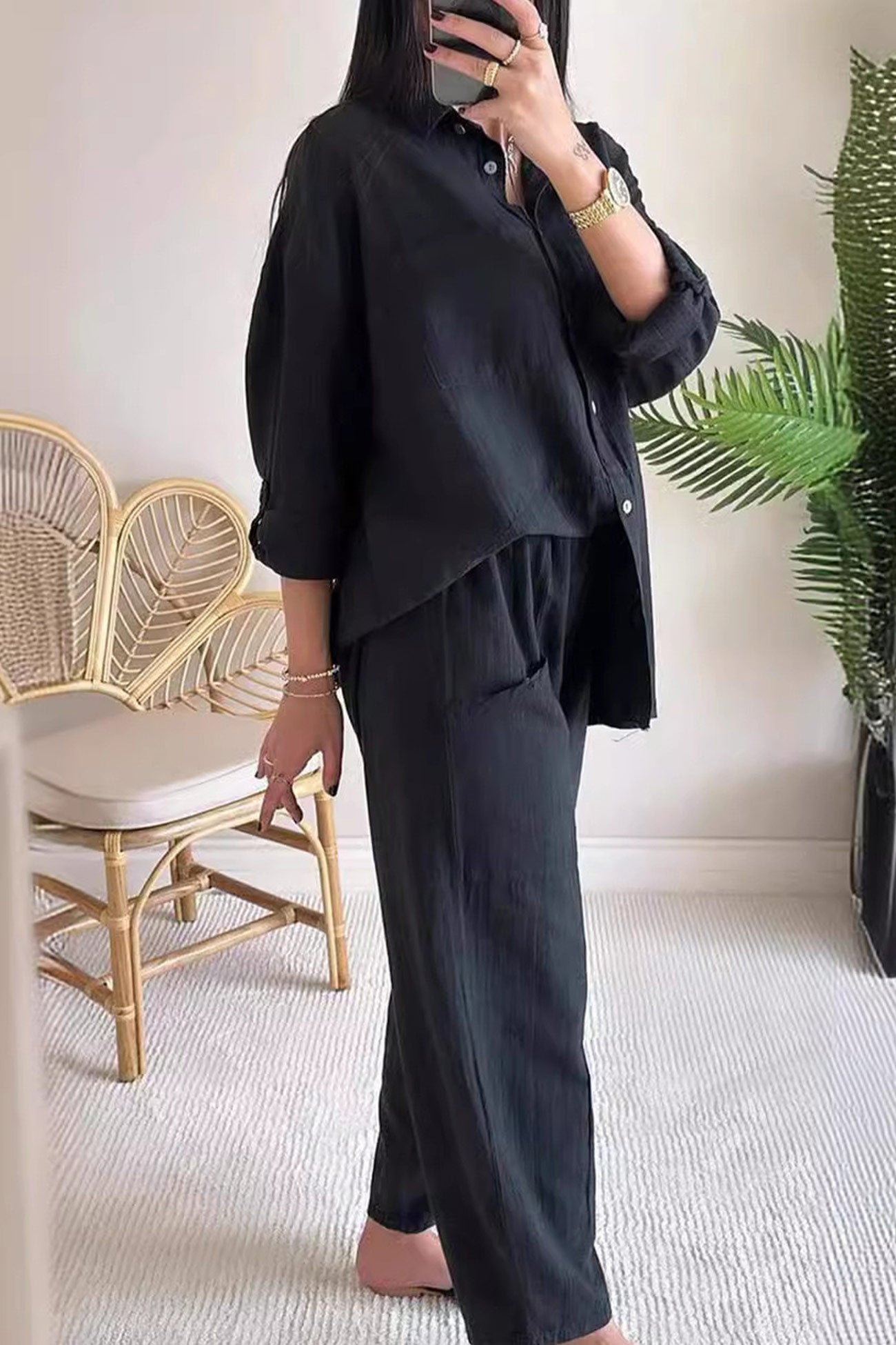 Maxct Irregular Hem Button Cuff Blouse Pants Set