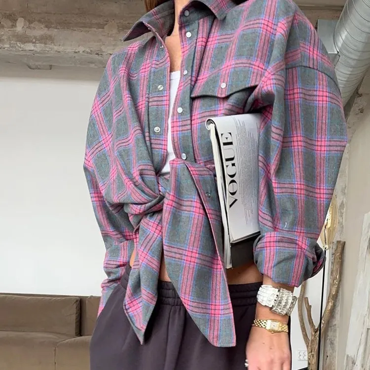 Retro Lapels Lattice Loose Shirt For Women Single-Breasted Long Sleeves Stripe Summer New Casual Versatile Pocket Shirt