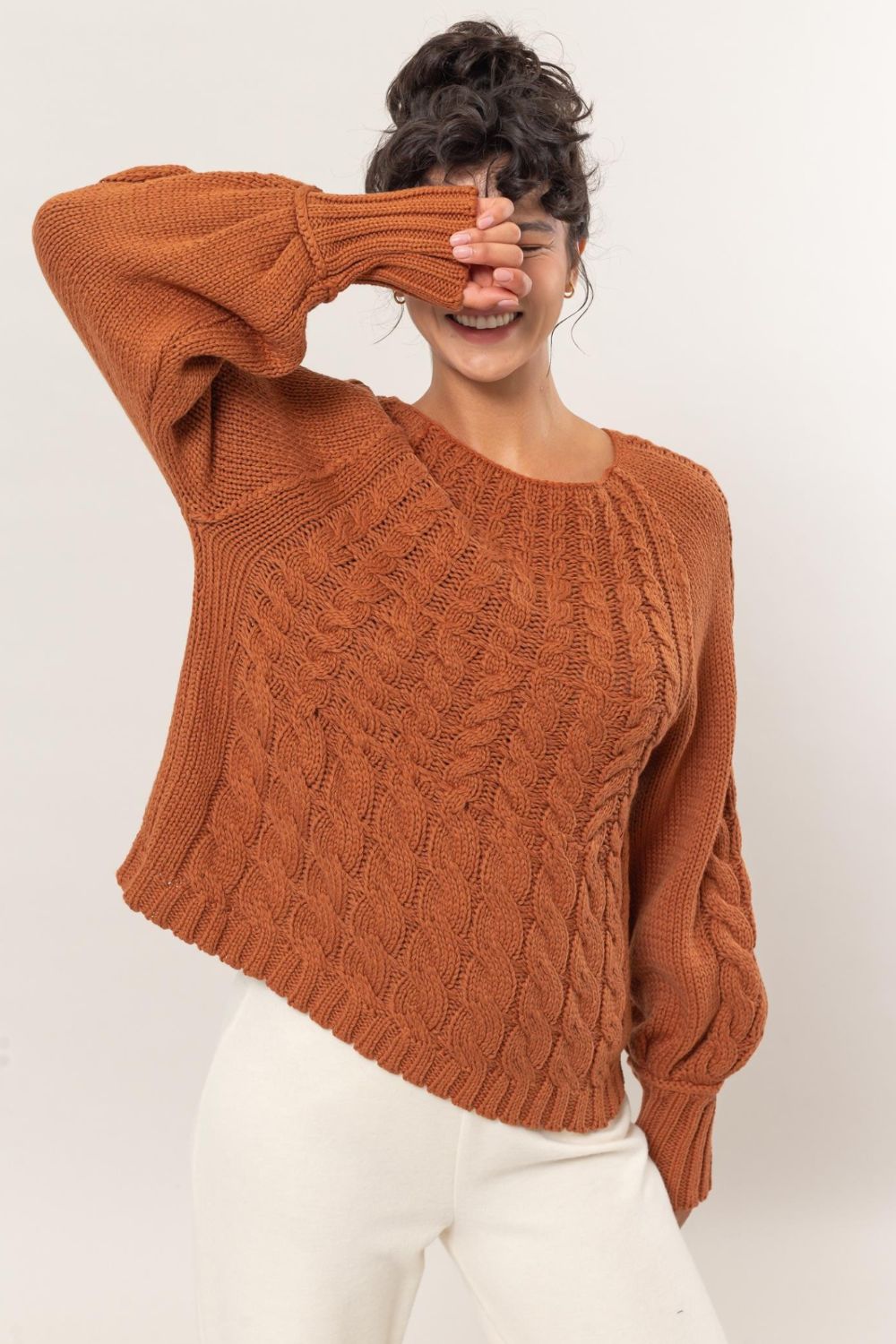 Maxct &HYFVE Cable-Knit Round Neck Raglan Sleeve Sweater