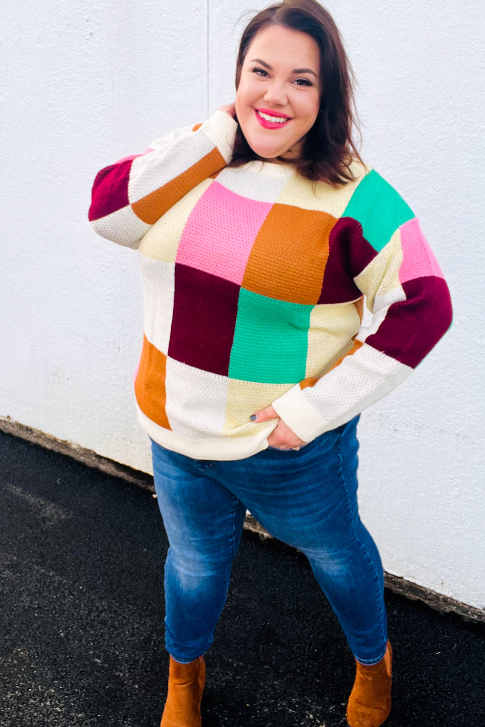 Maxct &Adorable Ivory & Camel Checker Jacquard Knit Sweater