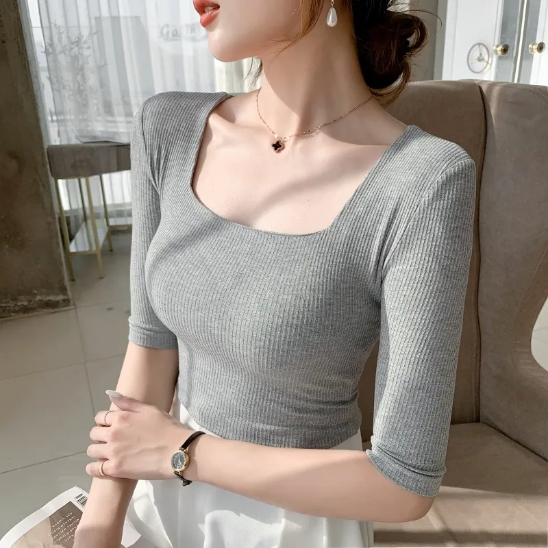Maxct Sleeve Square Collar Slim Cotton T-shirt Tee Girls Solid Summer Basic High Elasticity Tshirts Crop Tops For Women
