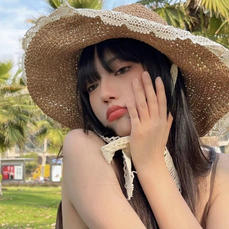 Maxct Straw Hat Ins Young Adult Shoelace Summer Outing Lace