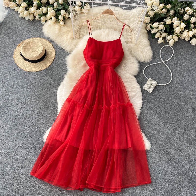 Women's Sexy Mesh Spaghetti Strap Long Dress Summer Orange/Purple/Blue/Pink Ruffle A-Line Beach Robe Female Elegant Party Vestidos