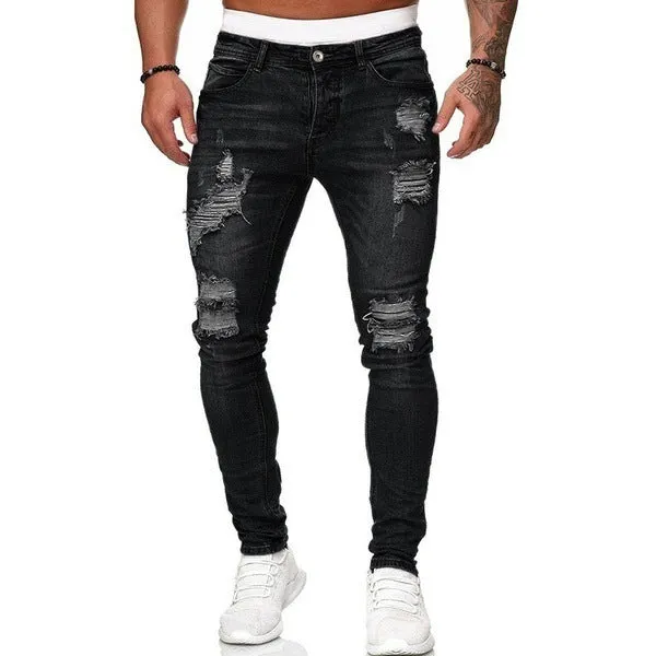 Men's Casual Ripped Skinny Jeans, Chic Street Style Stretch Denim Pants