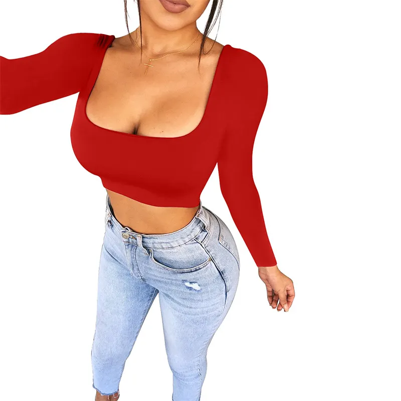 Maxct Spring Crop Top Long Sleeve Women Black Sexy Shirt White Square Neck Casual Tee Top Mujer Ladies