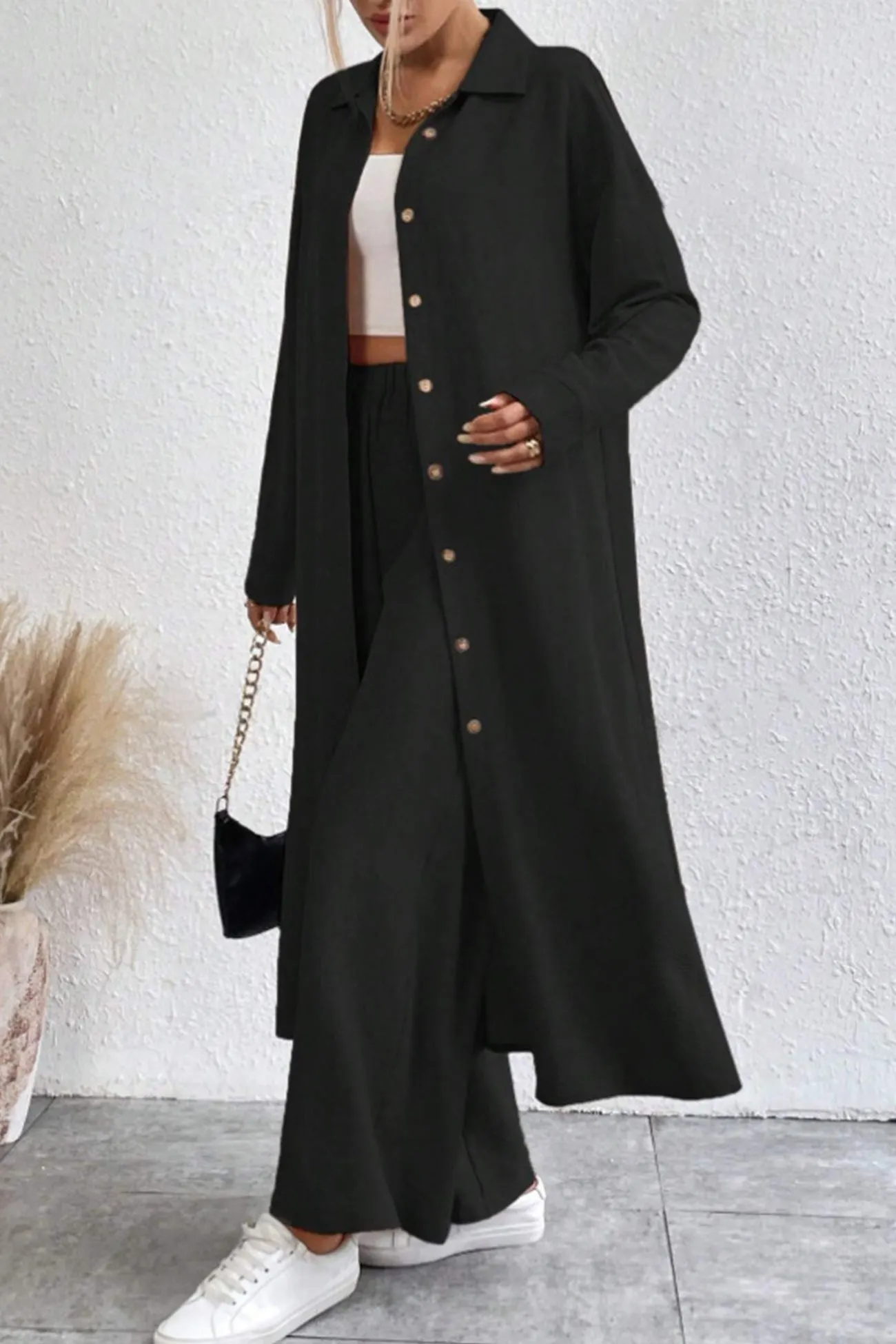 Maxct Solid Long Shirt Wide Leg Pants Set