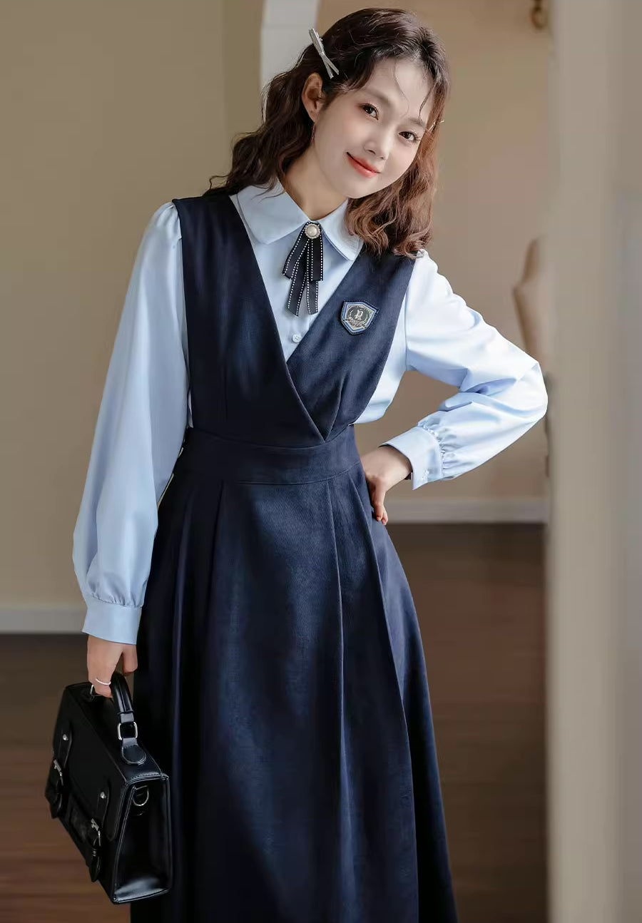 Corduroy Suede Midi Pinafore Dress & Blouse Set Maxct