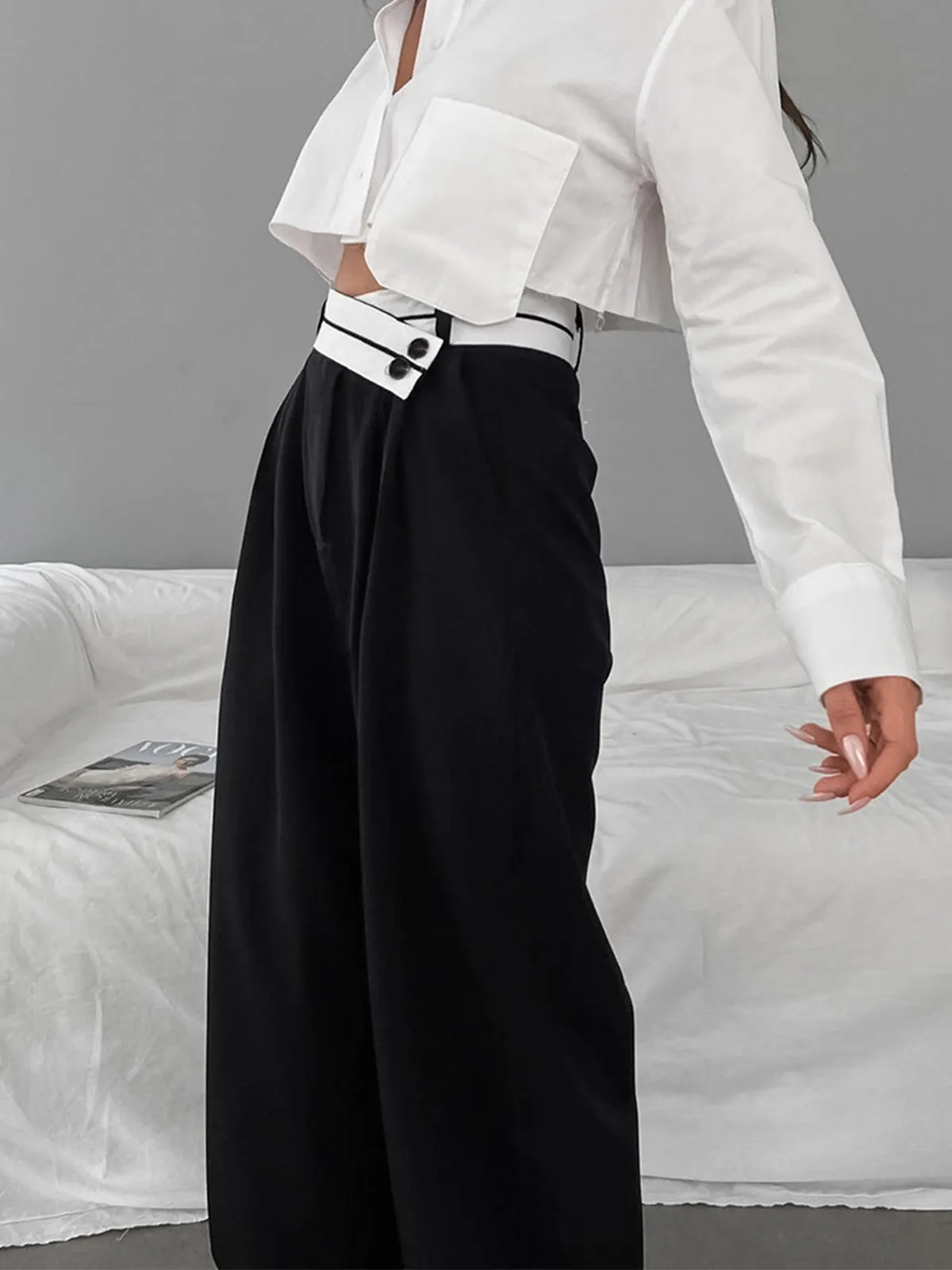 Maxct Asymmetrical Contrast Waistband Wide Leg Dress Pants
