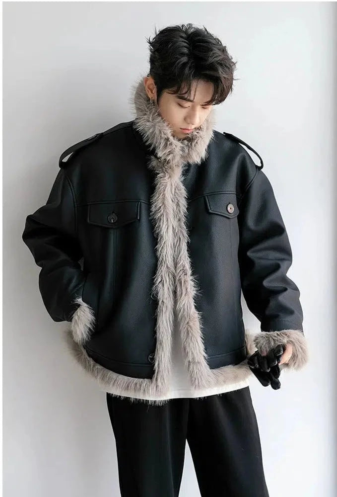 Maxct Unisex Velvet Faux Fur Leather Jacket