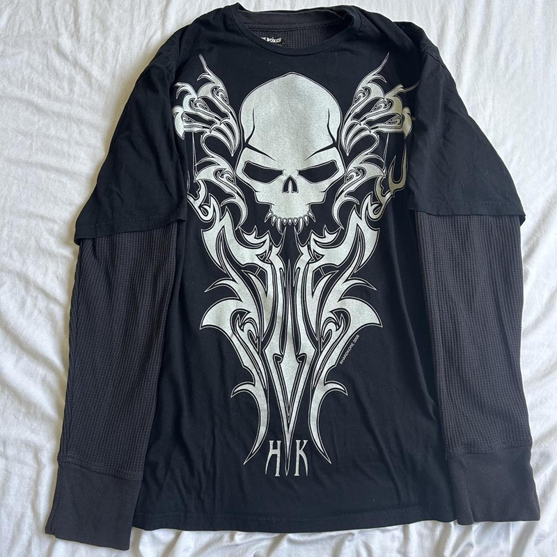 Japanese Edgy 00s Retro Gothic Emo T-shirt Cyber Y2K Grunge Mall Goth Top Patchwork Full Sleeve Baggy Pullovers Tees