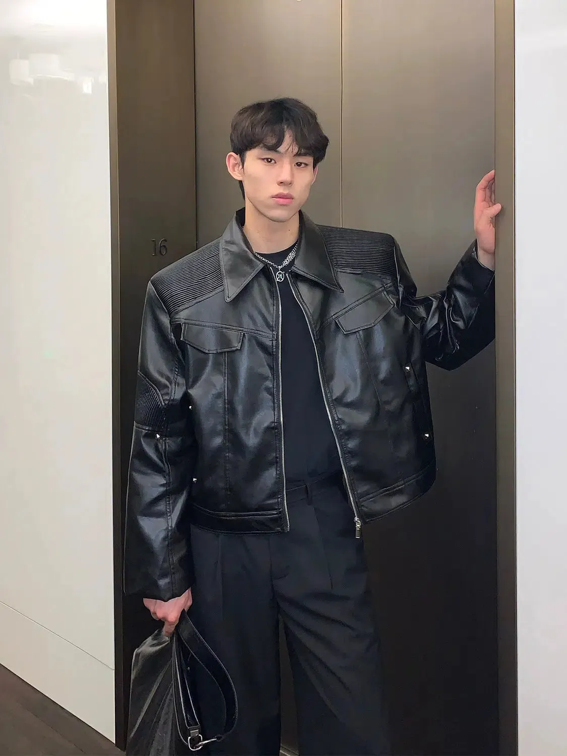 Maxct Pleated Stitching PU Leather Biker Jacket
