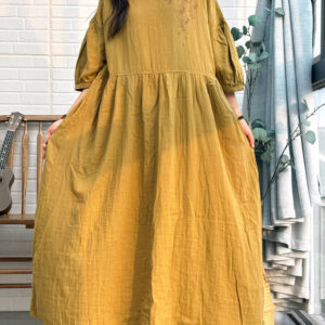 Retro Cotton Embroidered Lantern Sleeves Plus Size Dress