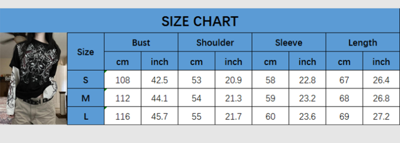Vintage Graphic Print Patchwork Long Sleeve Tees Harajuku Fake Two-Piece T-Shirts Korean Gothic Grunge Loose Tops Streetwear
