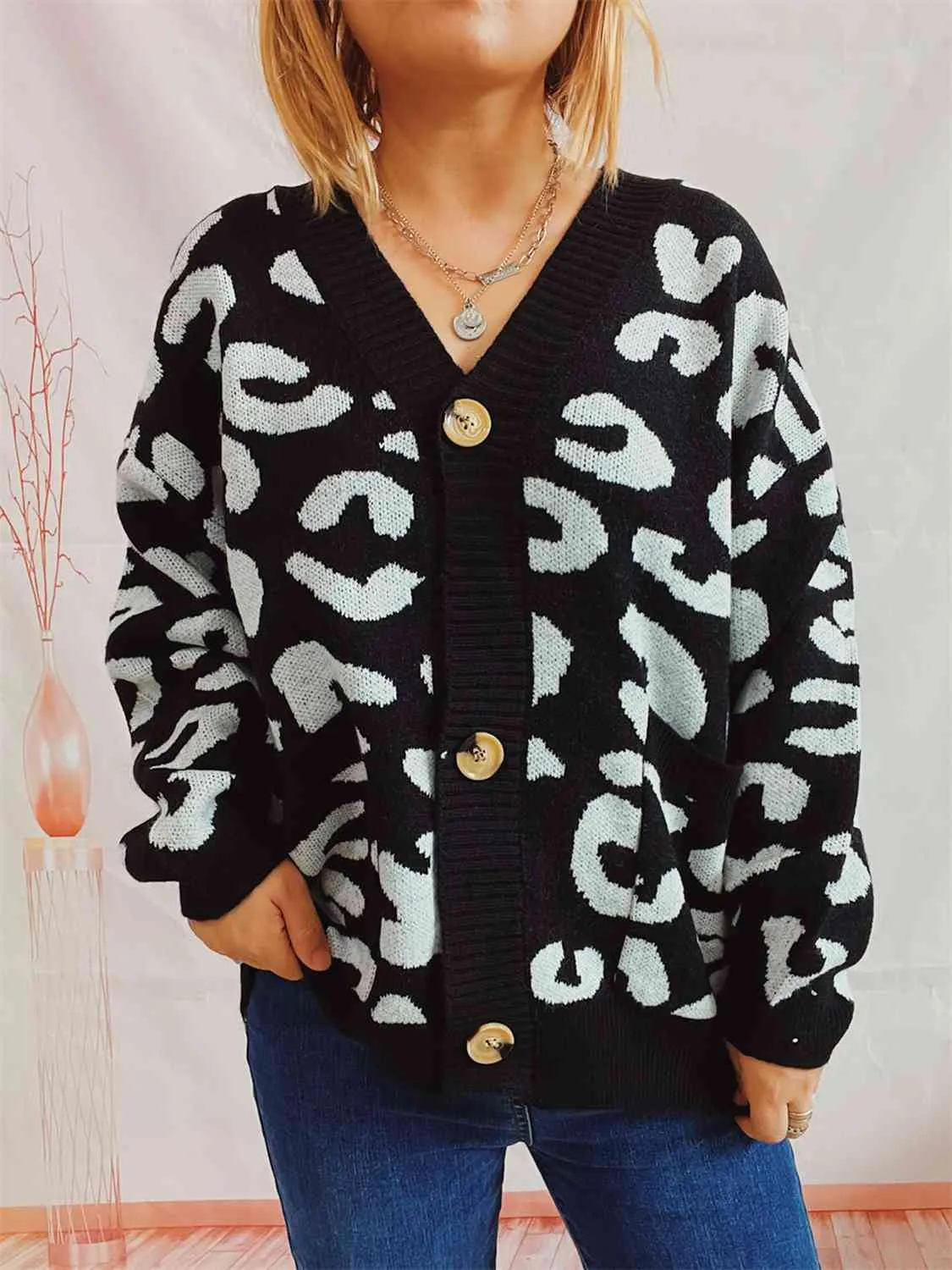 Maxct &Leopard Button Front Cardigan with Pockets