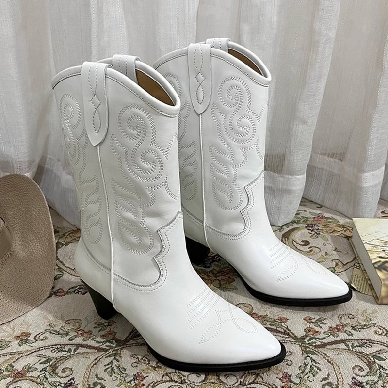Womens Embroidered Western Boots Block Heel Short Boots All Genuine Leather Maxct