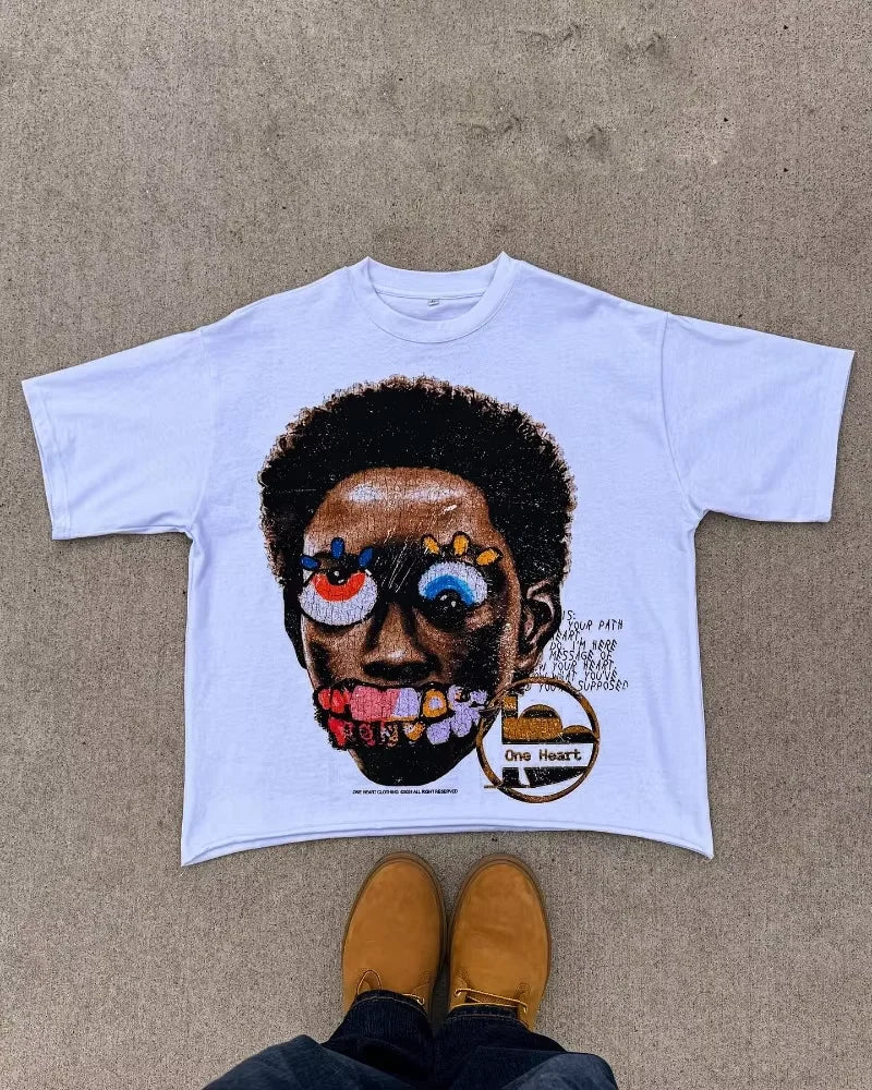 Maxct Summer New Gothic Big Head Pattern Printed Oversized T-shirt Men's Y2K Streetwear Hip Hop Loose Harajuku Round Neck Shirt