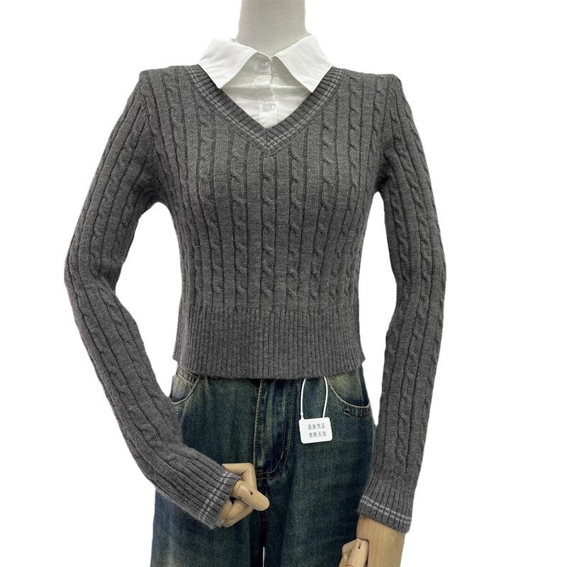 Maxct classy outfits men Preppy Style Twist Stitching Shirt Collar Fake Two Pieces Autumn New Knitwear Sweater Coat Top for Women