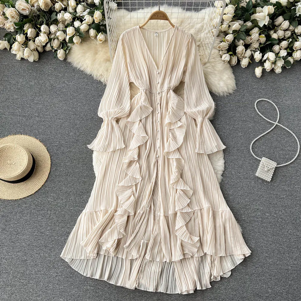 Chiffon Pleated Long Dress Women Vintage V-Neck Flare Sleeve Draped Ruffle Vestido Female Maxi Robe Spring Fall 1215-1