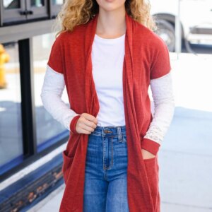 Maxct &Casual Days Rust Lace Sleeve Front Pocket Hacci Cardigan