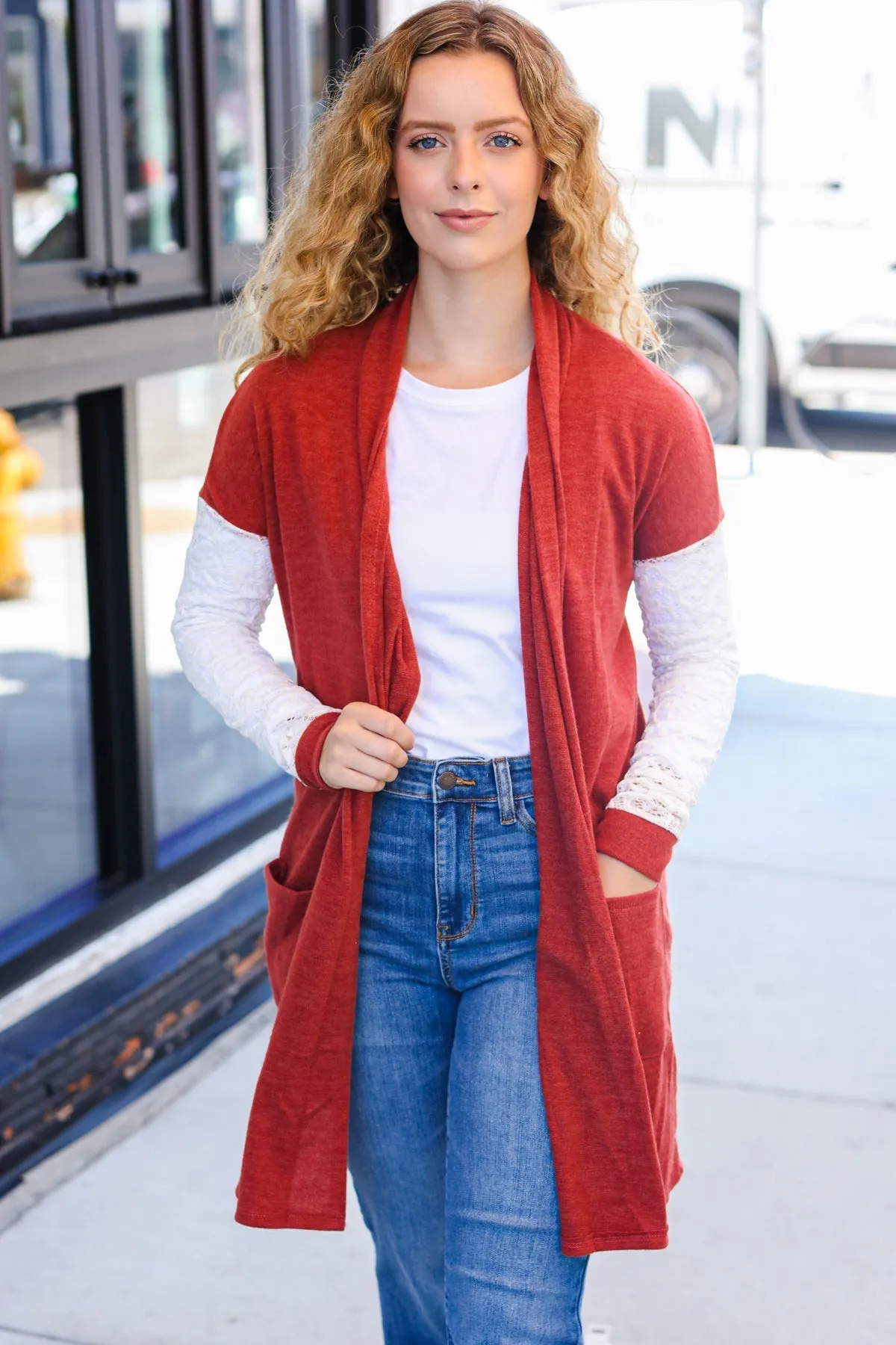 Maxct &Casual Days Rust Lace Sleeve Front Pocket Hacci Cardigan