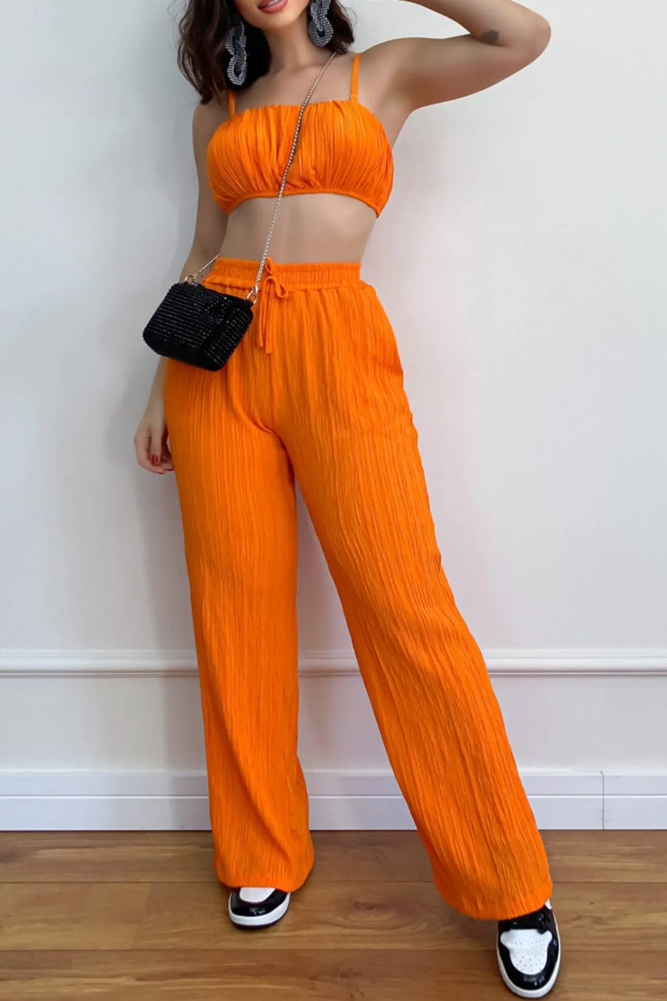 Maxct-Pleated Smocked Vest Drawstring Long Pants Suits