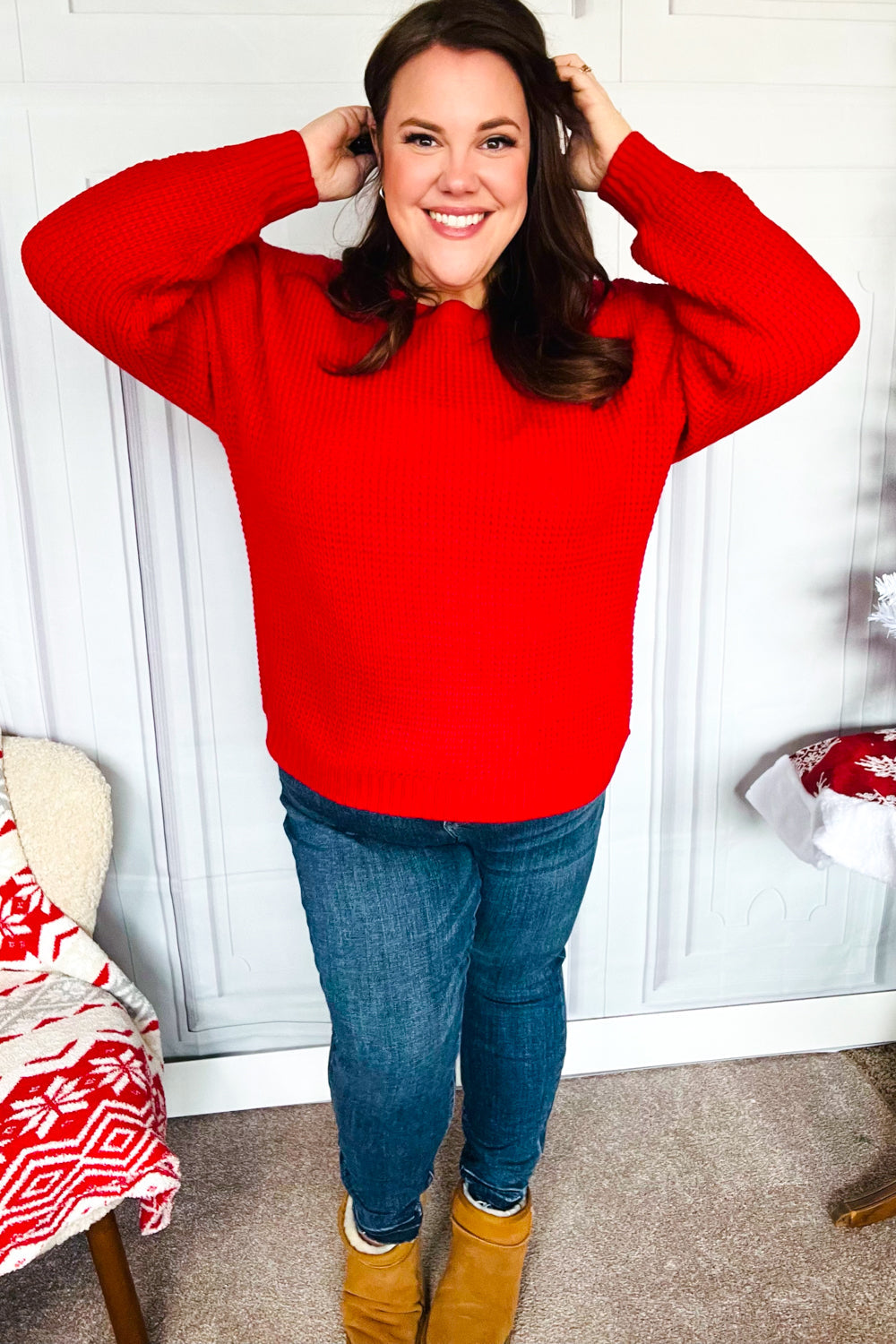 Maxct &All Present Christmas Red Waffle Knit Hi-Low Sweater