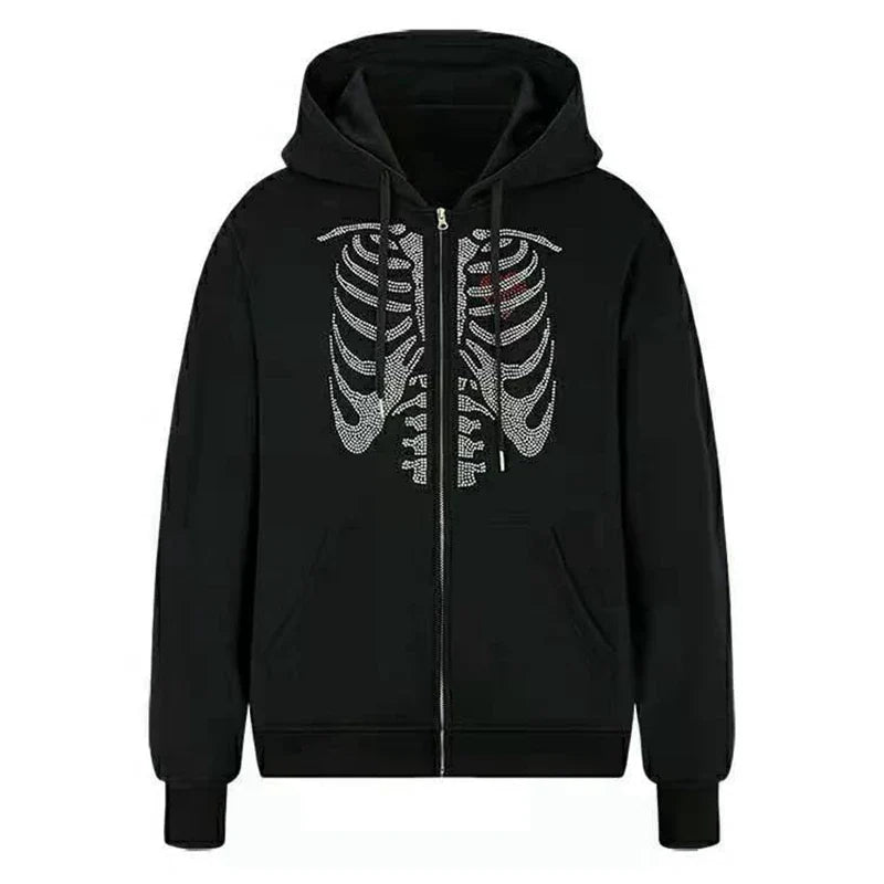 Unisex Rhinestone Skeleton & Butterfly Zip Hoodie