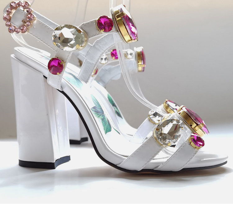 White Fish Mouth Gemstone Thick Heel Sandals Maxct