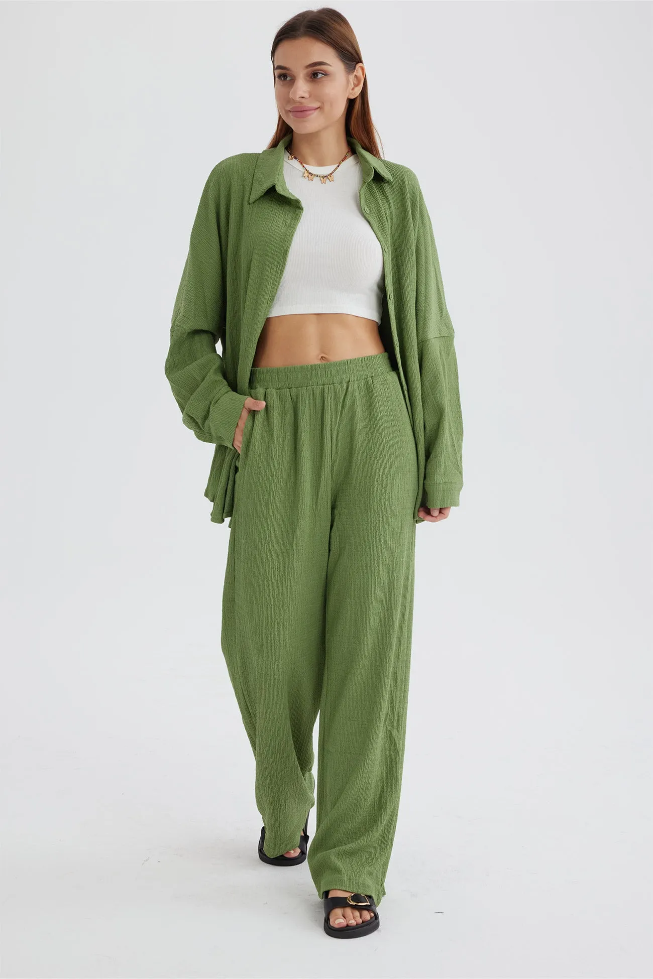Maxct Two Piece Solid Color Long Sleeve Shirt Long Pants Set