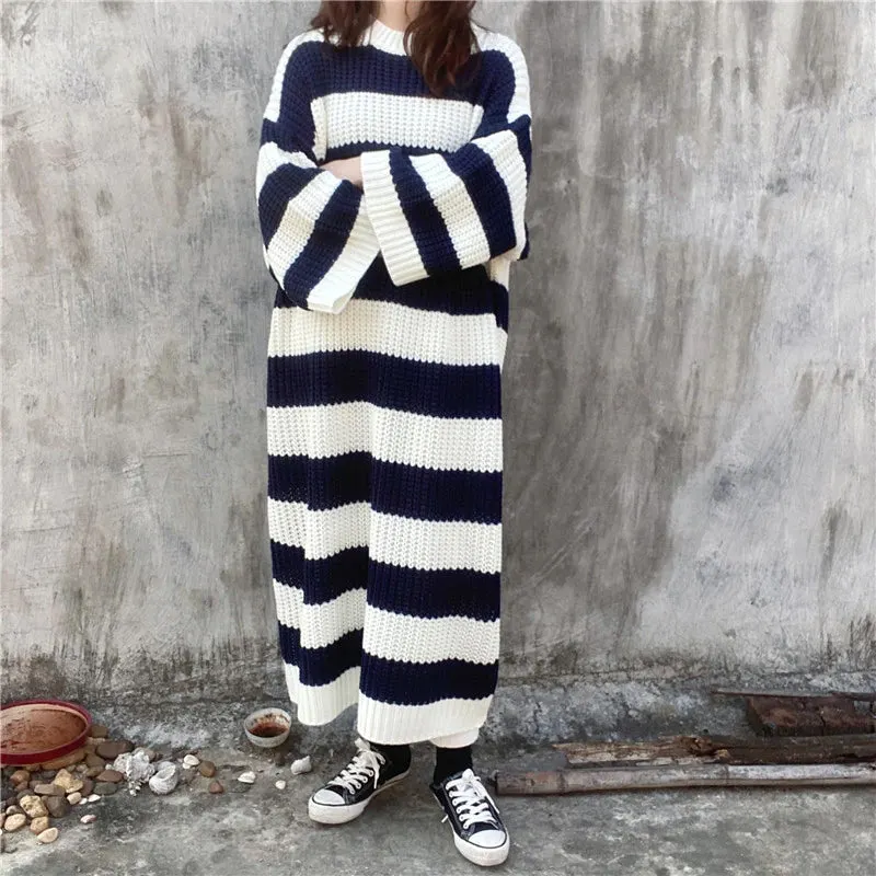Loose Long Striped Crew Neck Knitted Dress Maxct