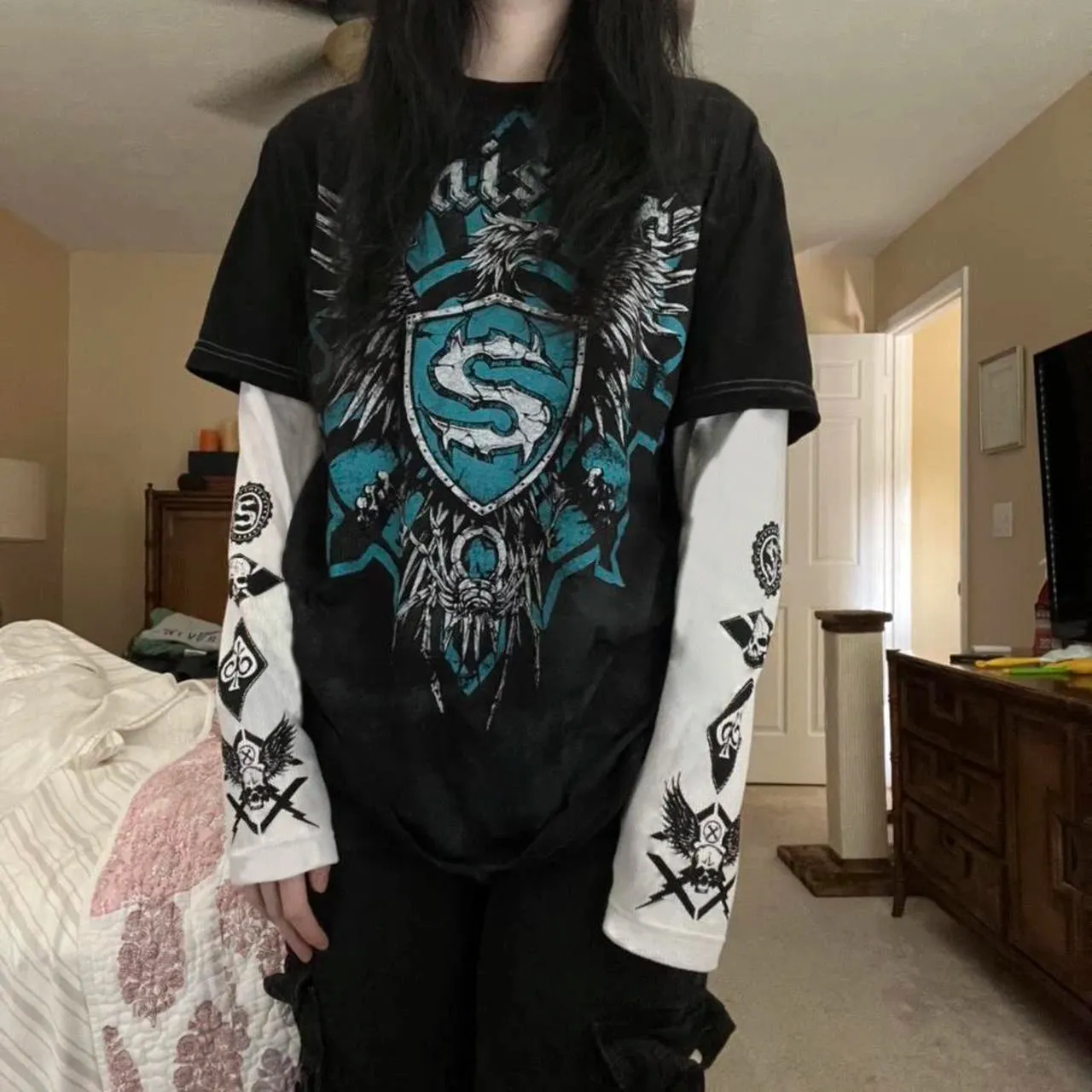 Maxct Cross Print T-shirt Women Y2K Cyber Grunge 00s Retro Harajuku Patchwork Long Sleeve Tee Gothic Mall Goth Sweats Tops