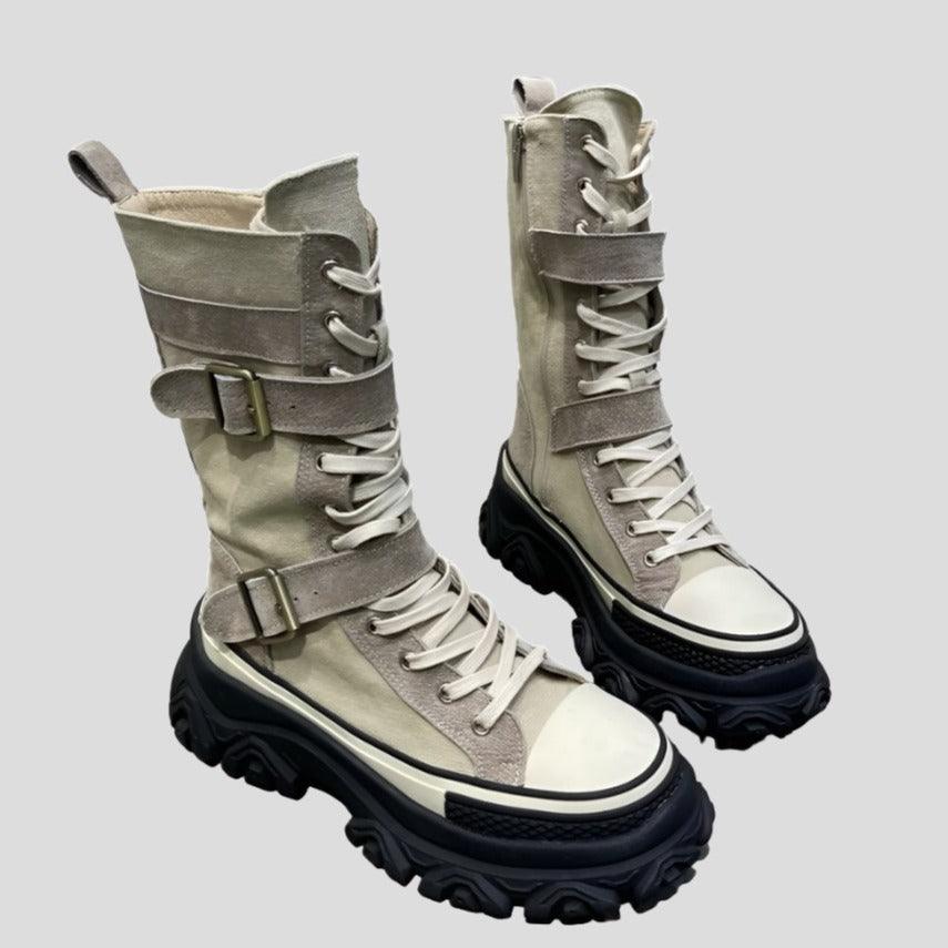 Mid Calf Length Boots - Leather Motorcycle Style for Women Maxct