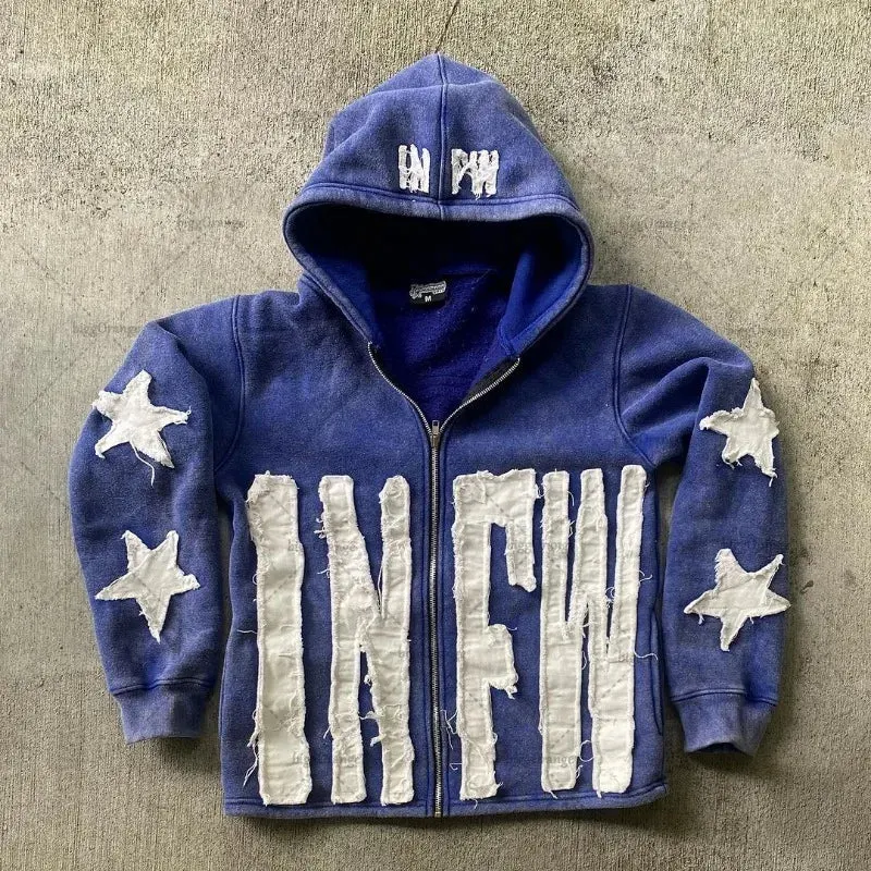 Maxct 90s Streetwear Trendy Brand Crying Face Letter Embroidered Zipper Hoodie Men Y2k Retro Harajuku Jacket Hip-hop Rock Casual Oversized Sweatshirt