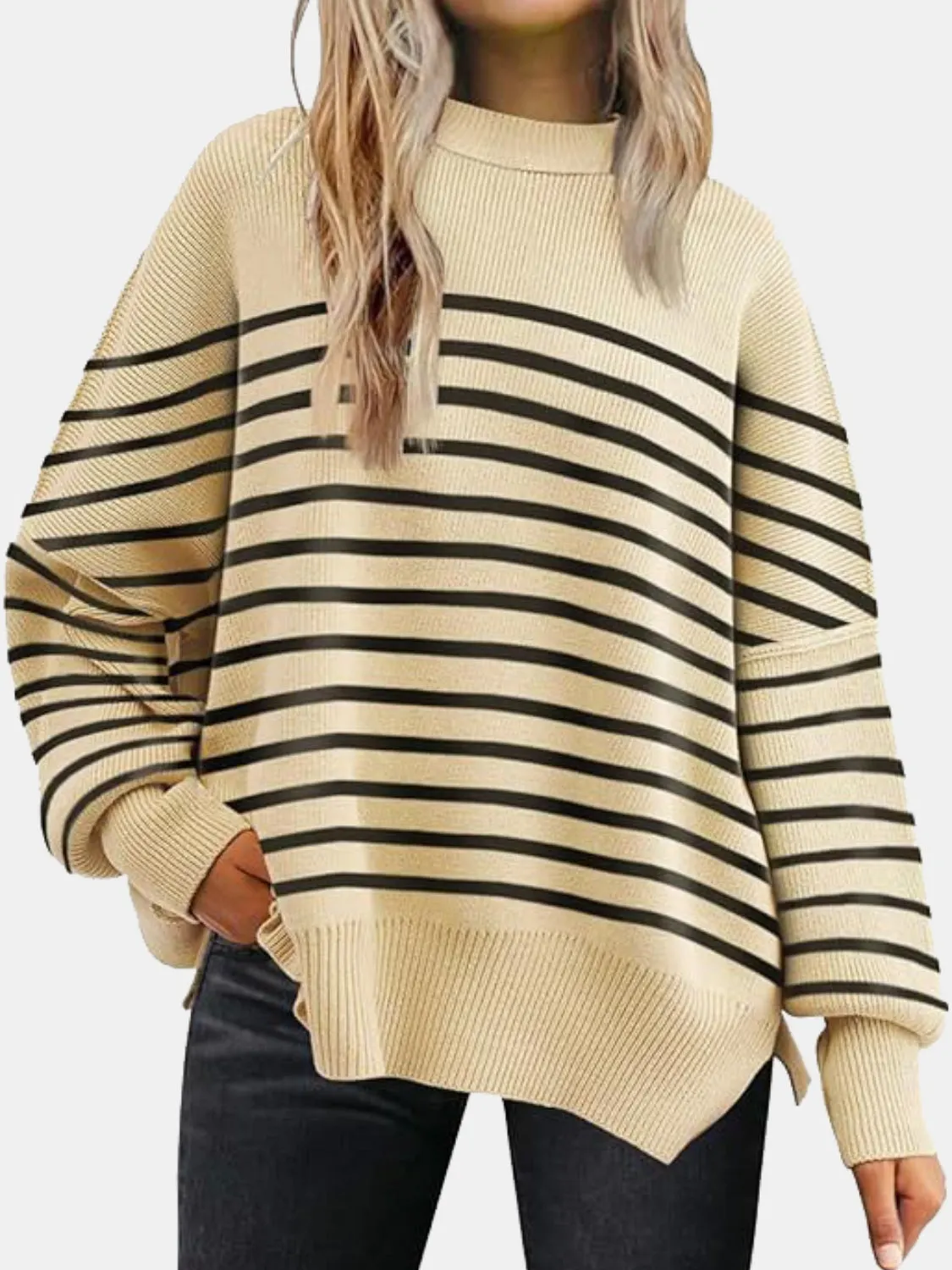 Maxct &Round Neck Drop Shoulder Slit Sweater