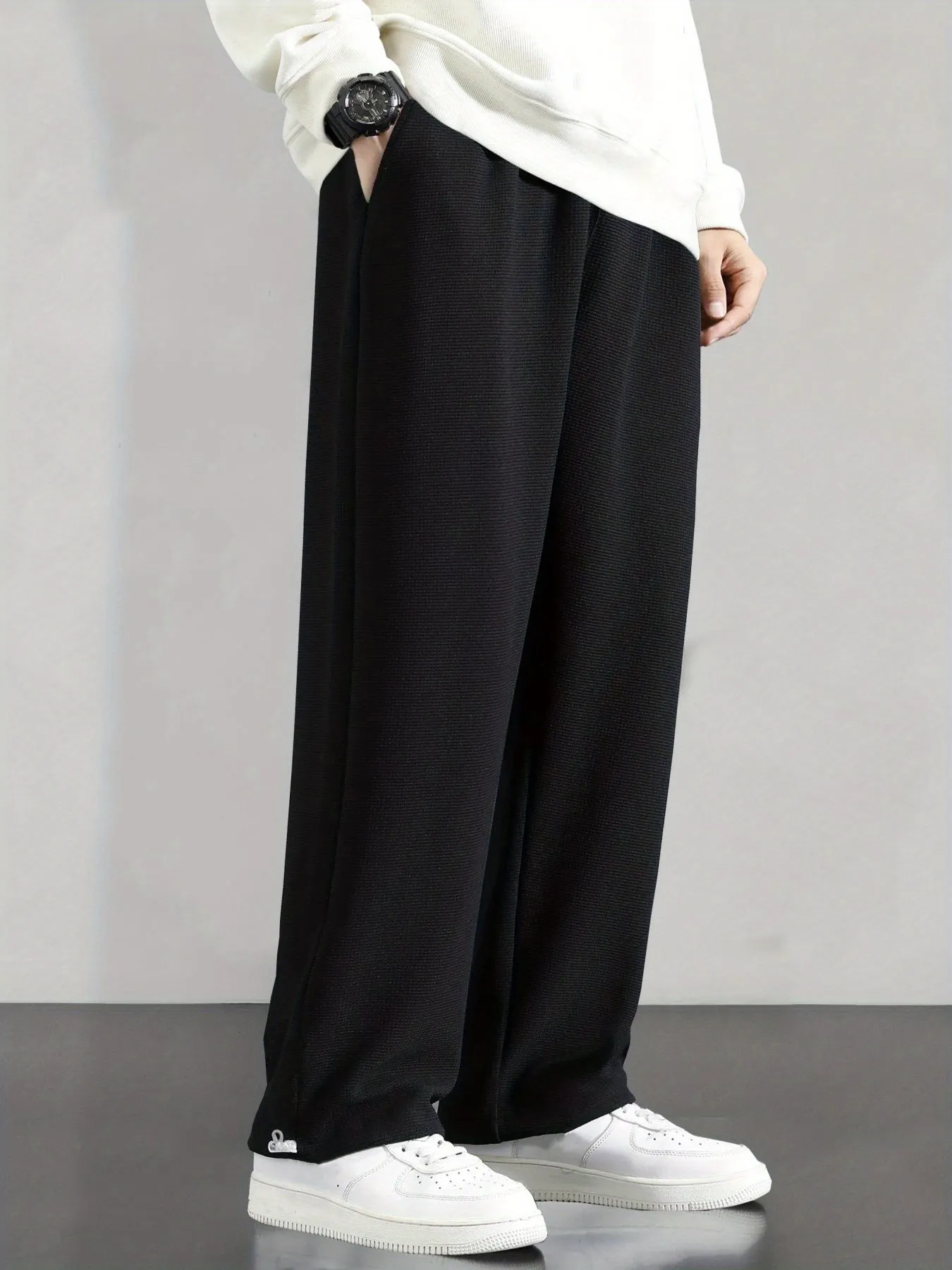 Maxct  Drawstring Hem Design, Men's Loose Straight Leg Long Pants