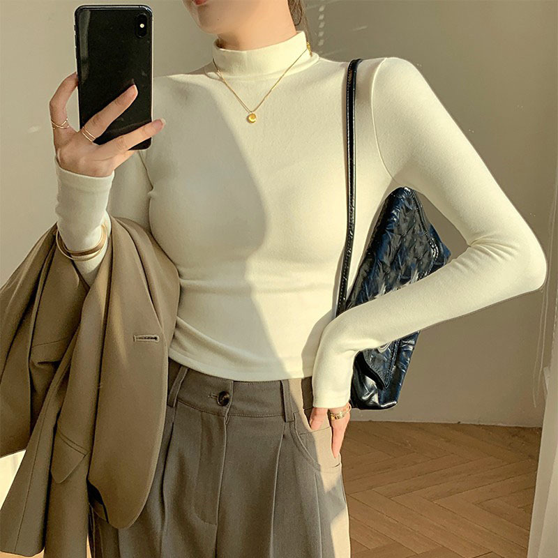 Maxct Double Sided Fleece Turtleneck Base Shirt Women Casual Slim Solid Long Sleeve Knitted Pullovers Lady Autumn Chic Thick Warm Tops