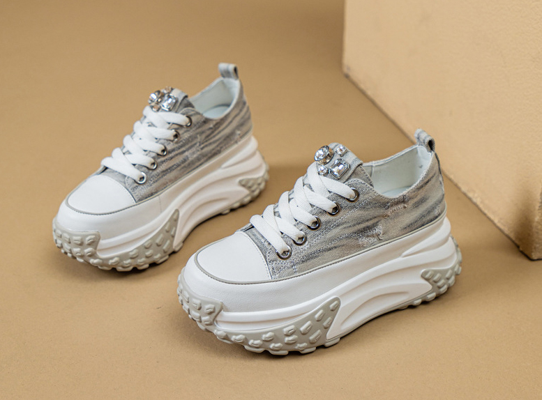 Blinged Out: 6cm Denim Leather Chunky Platform Sneakers - true deals club