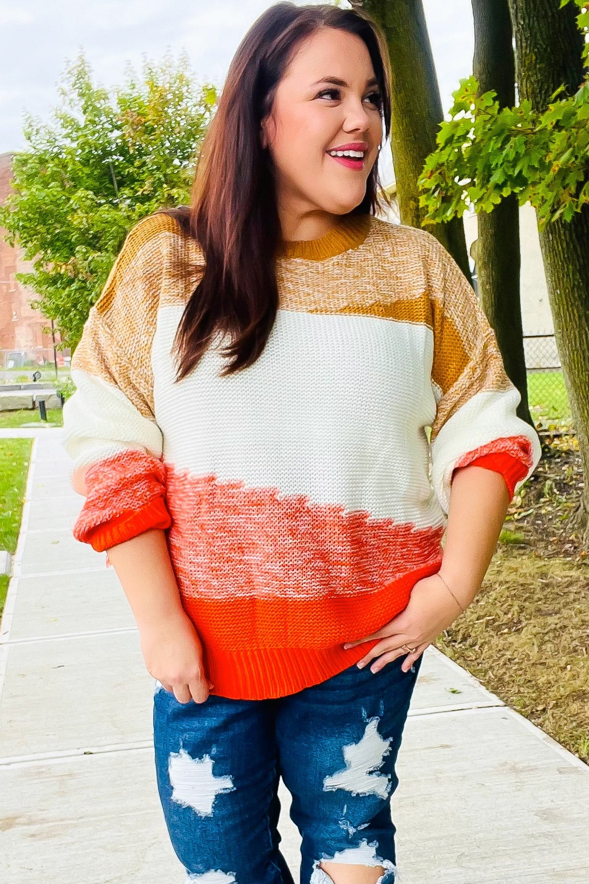 Maxct &Adorable You Camel & Orange Color Block Sweater
