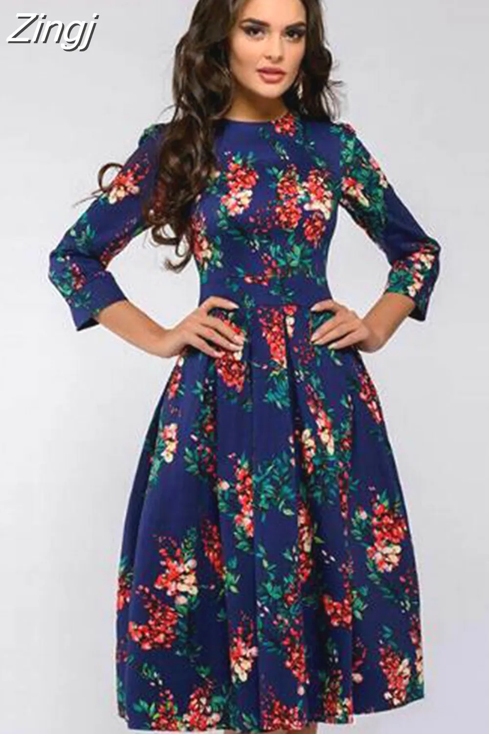 Maxct pleated tunic print dress women Elegant ladies A line dresses Long sleeve female autumn mixi party dress vestidos