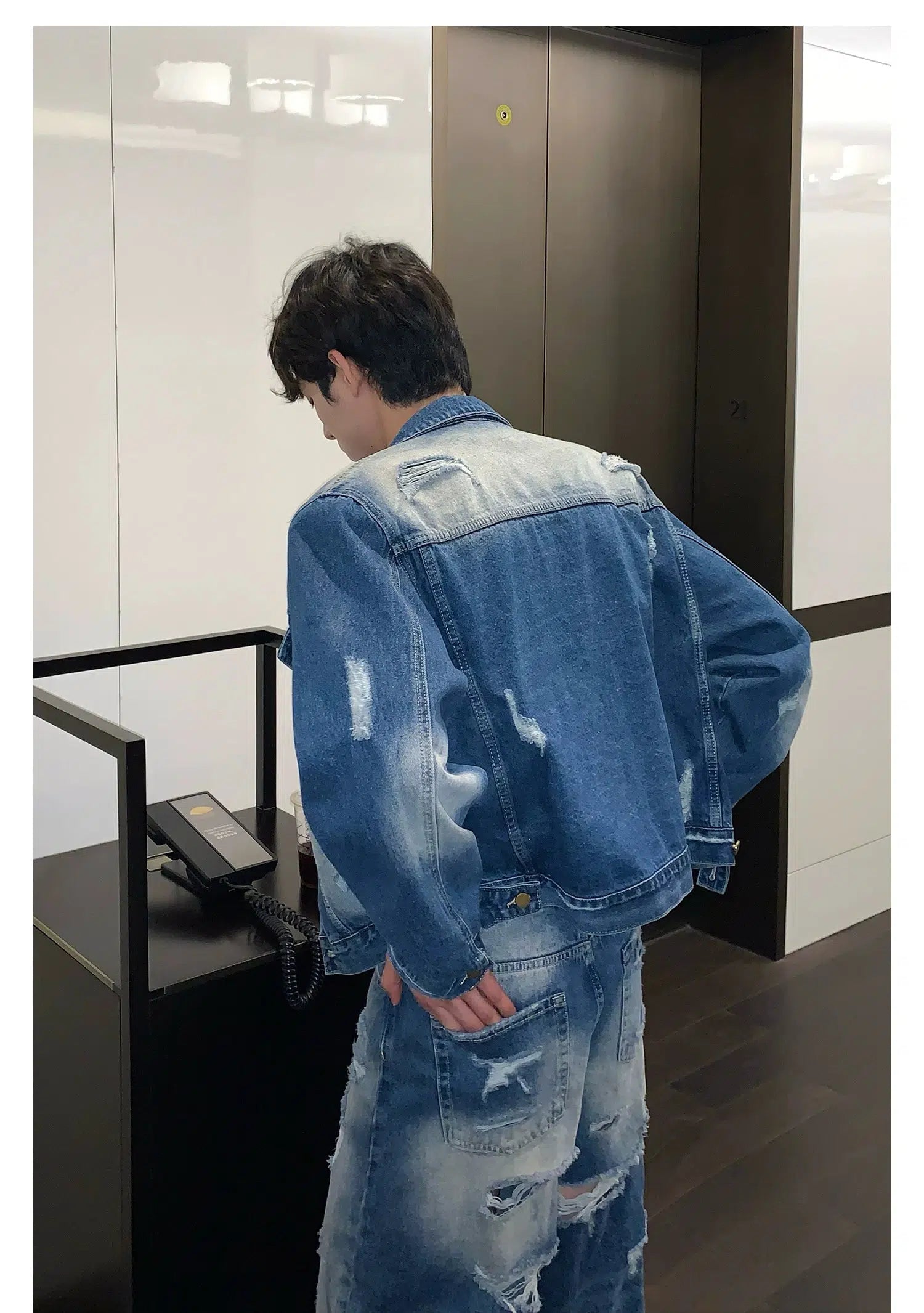 Maxct Blue Denim Jacket & Ripped Wide-leg Jeans