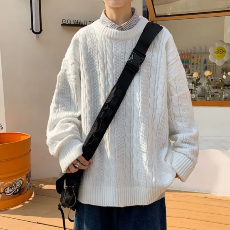 Pullover sweater men autumn winter pure color simple retro crewneck sweater lazy wind twist thread coat