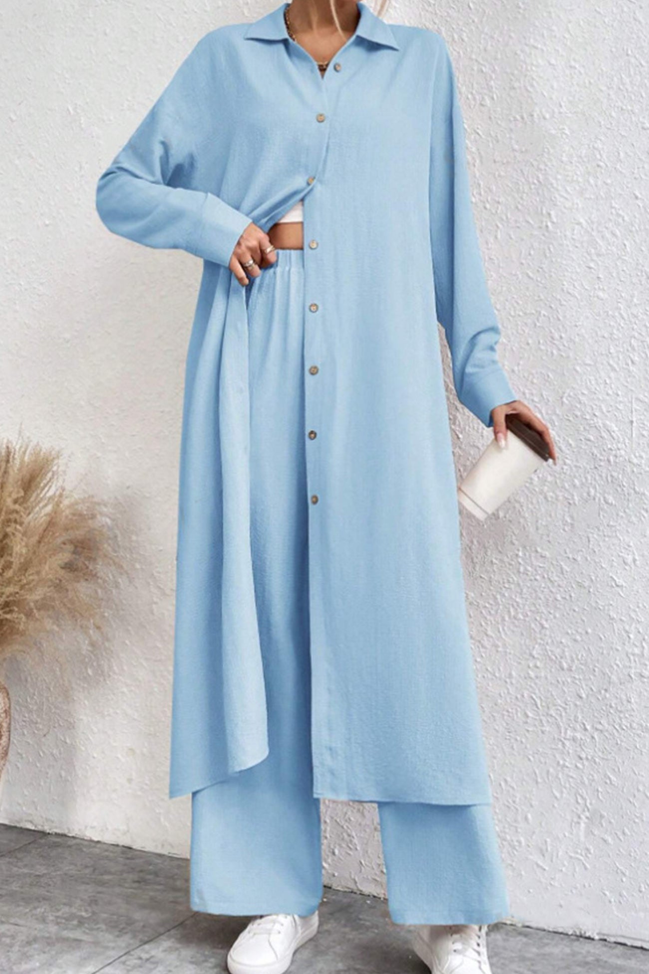 Maxct Solid Long Shirt Wide Leg Pants Set