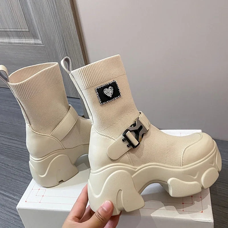 Platform Knitted Slip on Boots for Women Maxct