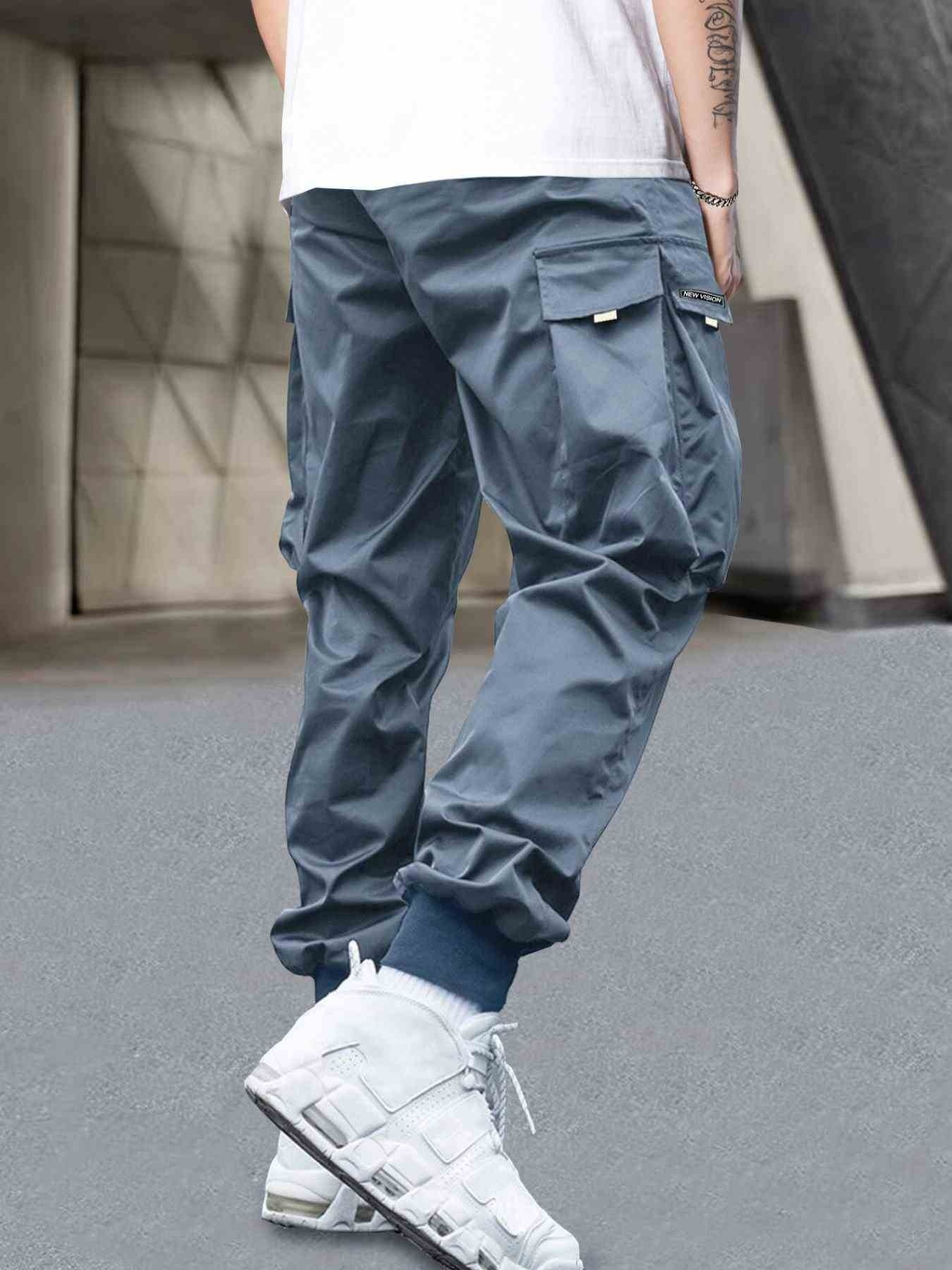 Men's Stylish Letter Graphic Cargo Pants with Flap Pockets - Drawstring Waist for Comfort