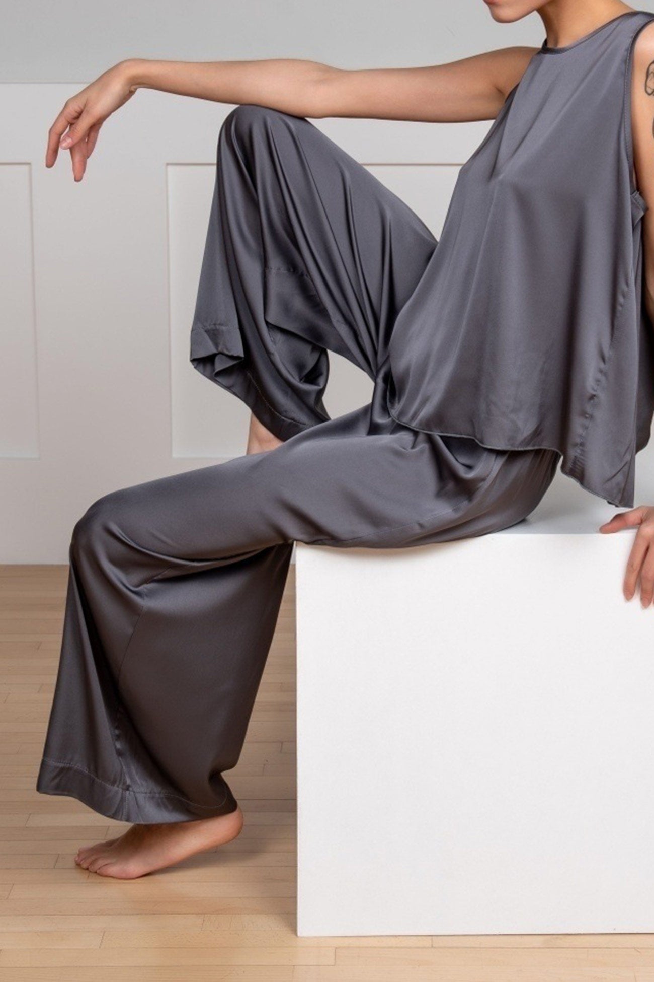 Maxct Satin Slit Tank Top Wide Leg Long Pants Set