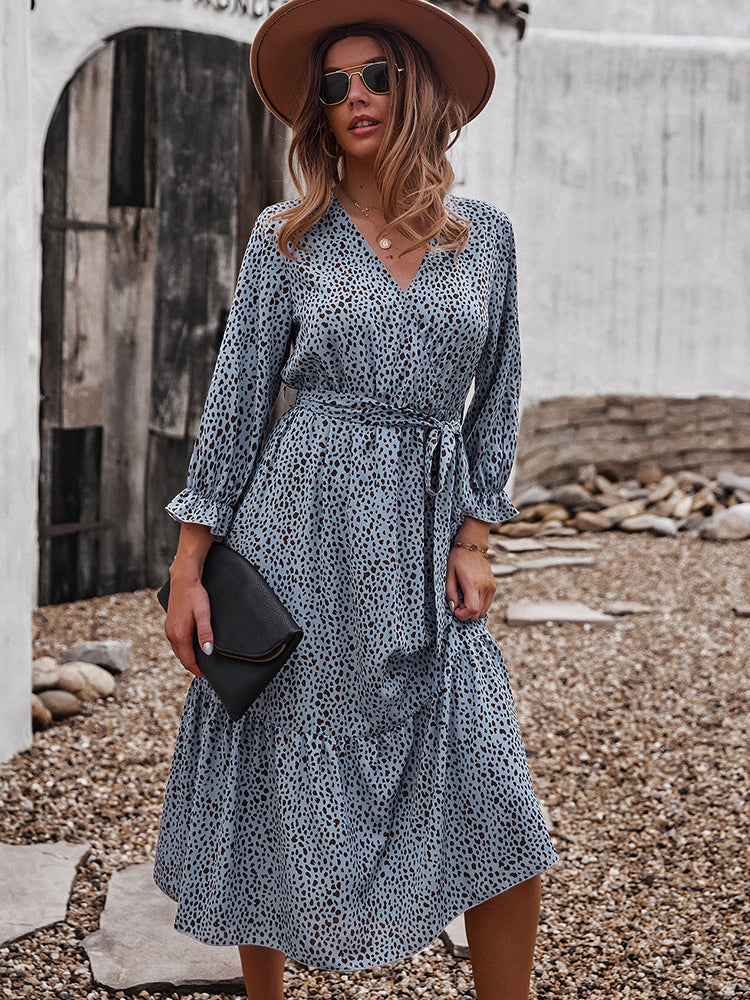 V Neck Boho Ruffle Flowy Midi Dress Maxct