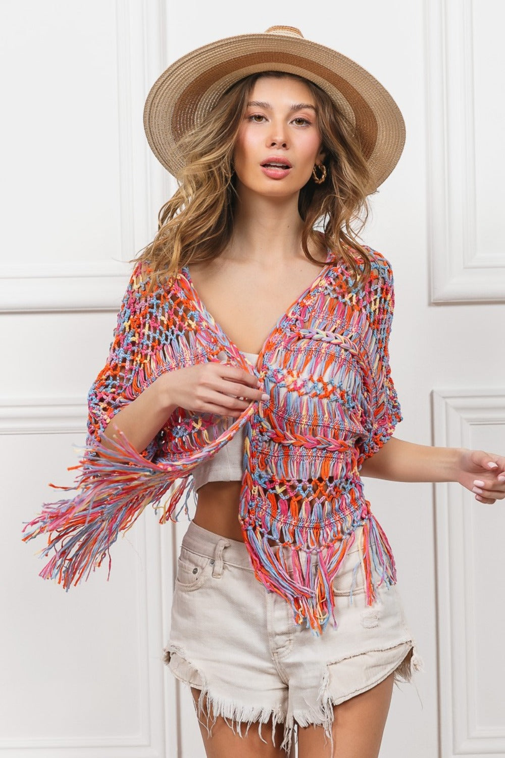 Maxct &BiBi Open Front Fringed Crop Knit Cardigan
