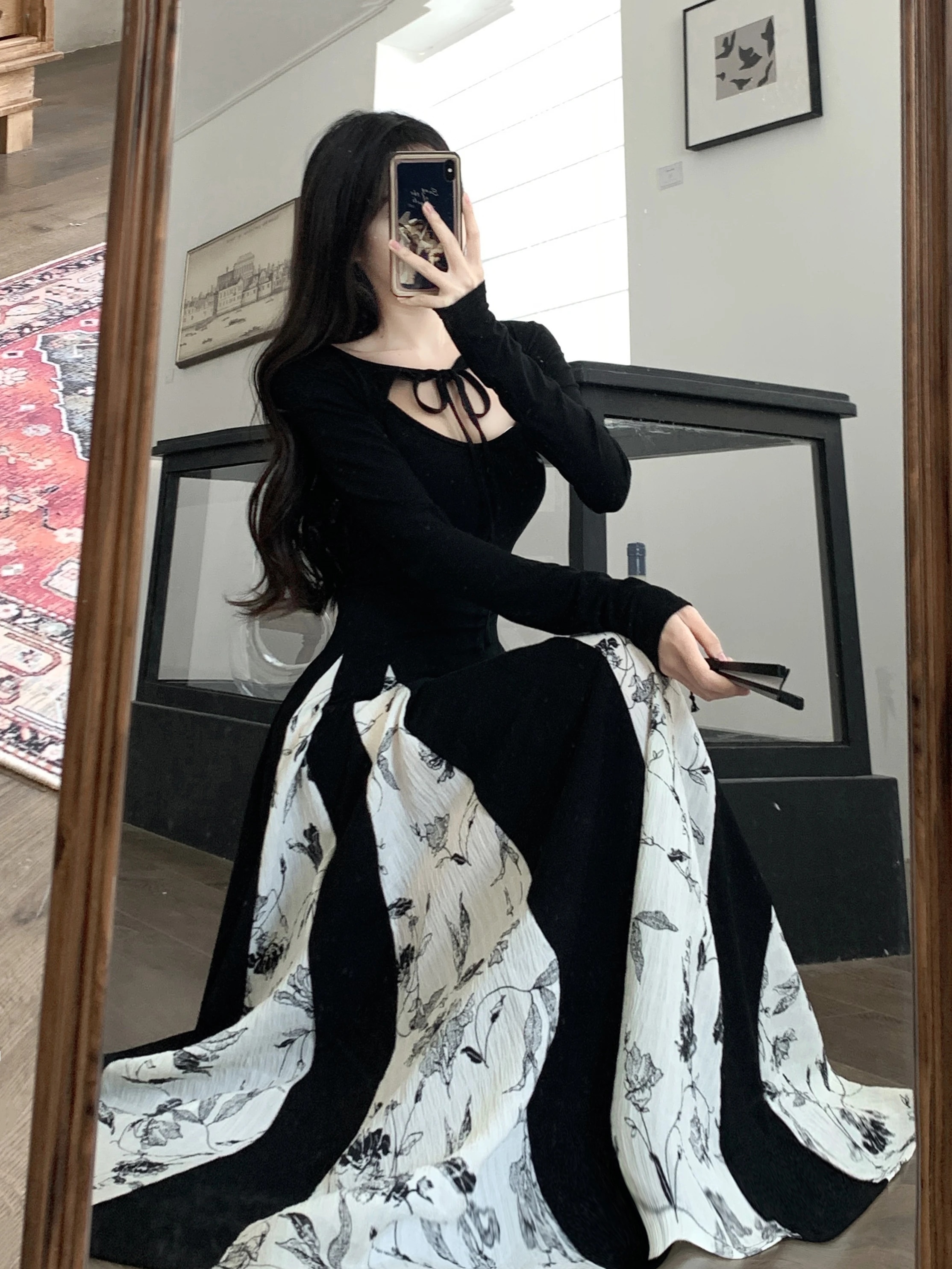 Maxct Knitted Patchwork Floral Dress Irregular Design Sense Hepburn Wind Sweet Fashion Slim Summer New Black Long Dresses